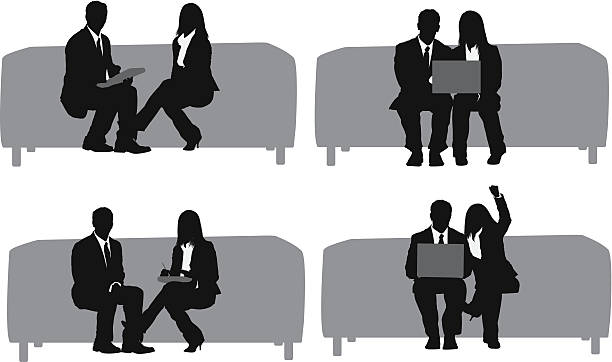 illustrazioni stock, clip art, cartoni animati e icone di tendenza di silhouette di coppia seduta sul divano lavoro - white background using voice full length high heels