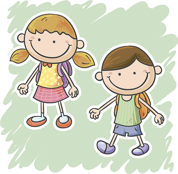 ilustrações de stock, clip art, desenhos animados e ícones de rapariga e rapaz vai para a escola - little boys preschooler back to school backpack