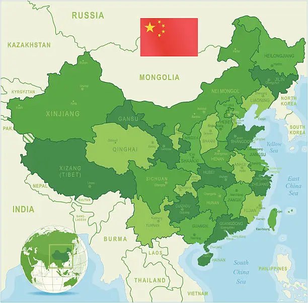 Vector illustration of China map green highly detailed