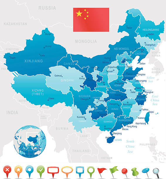 중국 맵-지역, 도시 및 탐색 아이콘 - independent mongolia inner mongolia map shenyang stock illustrations