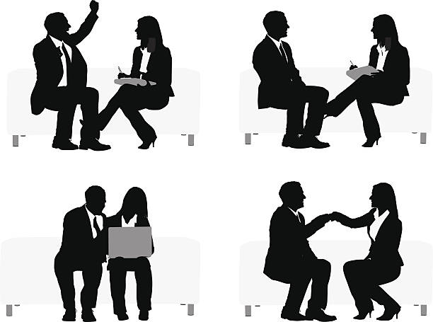 Silhouette of business executives sitting on couch Silhouette of business executives sitting on couchhttp://www.twodozendesign.info/i/1.png arms raised women business full length stock illustrations