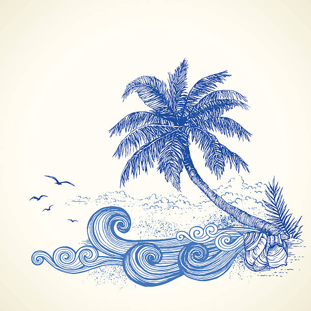 Tropical Beach Drawing Hand drawn summer illustration.Elements are separate.More works like this in my portfolio. palm tree illustrations stock illustrations