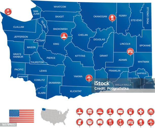 Mapa Stan Waszyngton - Stockowe grafiki wektorowe i więcej obrazów Amerykańska flaga - Amerykańska flaga, Bez ludzi, Białe tło