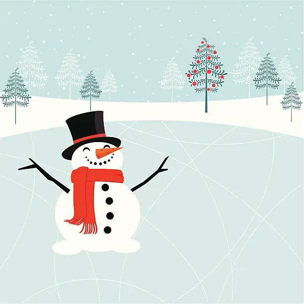 Vector illustration of Christmas snowman at the skating rink