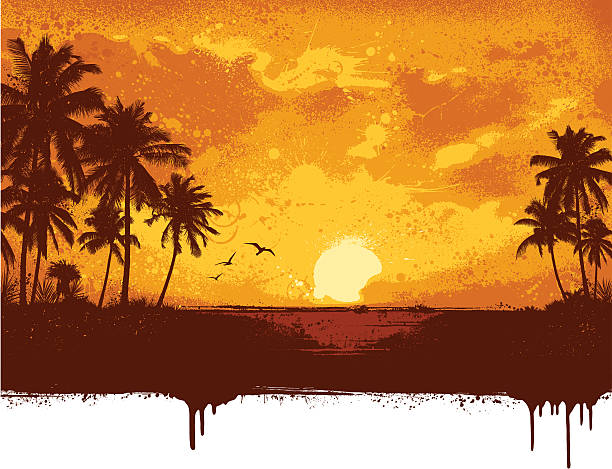 Grunge Beach Background Tropical island grunge background.All elements are separate.File is layered with global colors.Hi res jpeg and AI 10 file with uncropped trees included.More works like this linked below. beach vector coconut palm tree stock illustrations