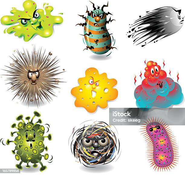Ilustración de Gérmenes Y Suciedad Caracteres y más Vectores Libres de Derechos de Bacteria - Bacteria, Amarillo - Color, Animal