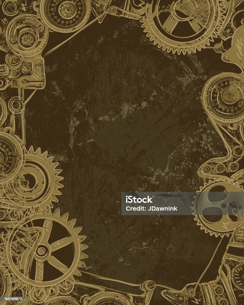 Steampunk gear background Vector illustration of a steampunk background with gears, pullies and dials around edges. Center area ideal for copy space. Download includes Illustrator 8 eps, high resolution jpg and png file.  Steampunk stock vector