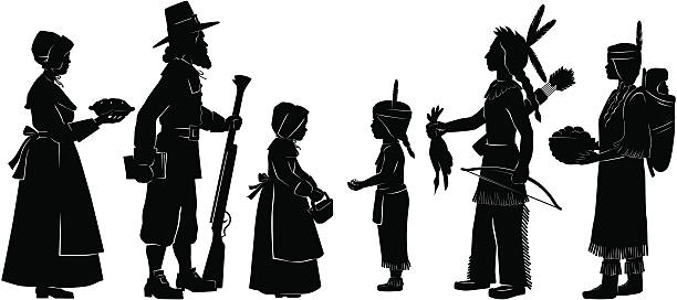 ilustrações, clipart, desenhos animados e ícones de os indianos e peregrinos no dia de ação de graças - north american tribal culture arrow bow and arrow bow