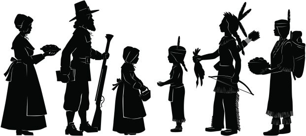 Six silhouettes of Indians and Pilgrims on Thanksgiving.