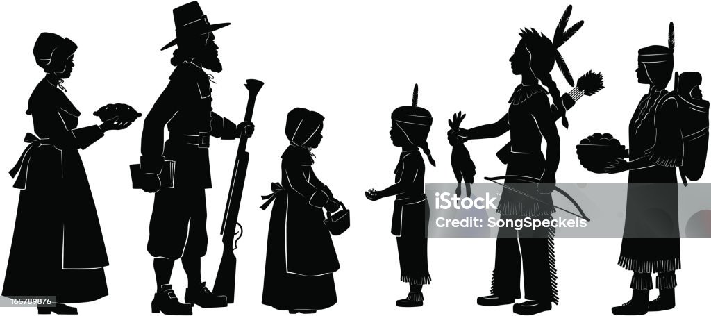 Indians and Pilgrims on Thanksgiving Six silhouettes of Indians and Pilgrims on Thanksgiving. Thanksgiving - Holiday stock vector