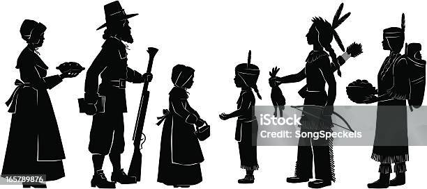 Indians And Pilgrims On Thanksgiving Stock Illustration - Download Image Now - Thanksgiving - Holiday, Pilgrim, In Silhouette