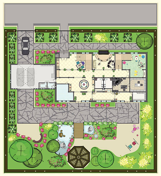 istock House plan with furnishings and beautiful garden 165789886