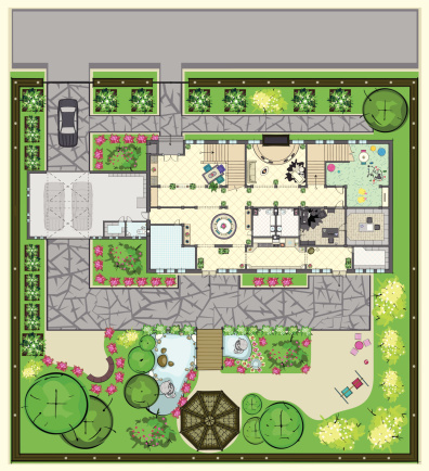The Top plan of house with furnishings. Ground floor and gardening. Parking area, arbors, playground, lounge zones and ponds.