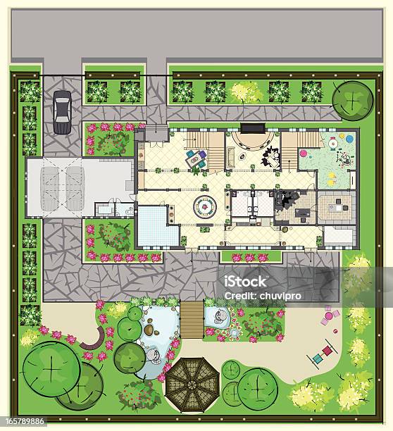 House Plan With Furnishings And Beautiful Garden Stock Illustration - Download Image Now - Plan - Document, Planning, Vegetable Garden