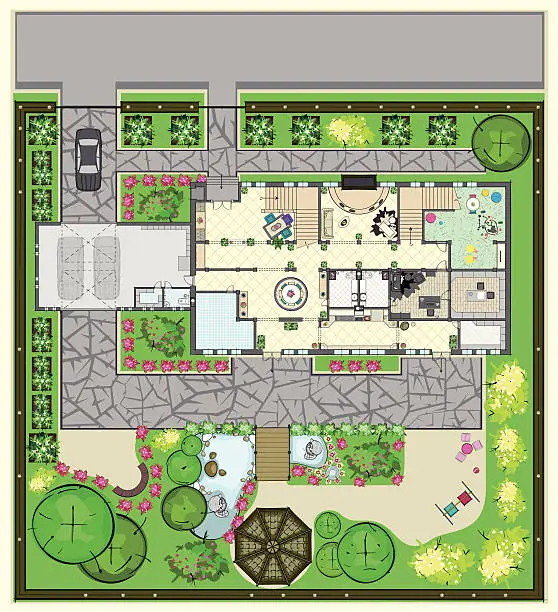 Vector illustration of House plan with furnishings and beautiful garden