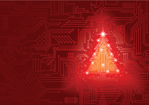 Abstract red vector background with high tech circuit board forms a shiny Christmas tree.