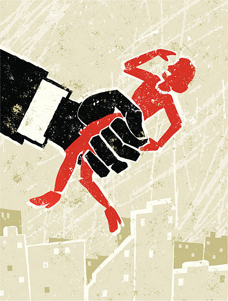 Woman Held in Grasp of The Man Oh dear it seems the man is back (As if he ever went away!). A stylized vector cartoon reminiscent of an old screen print poster of a woman held in the clenched fist of a man in a suit. Concept to show bullying, intimidation, pressure,domestic abuse, woman's issues, feeling the squeeze or competition. leading attitude stock illustrations