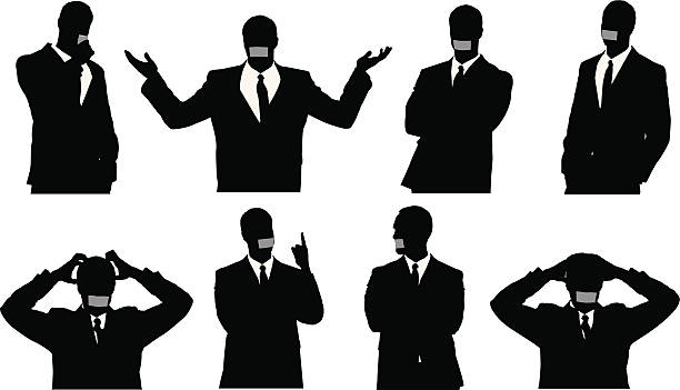 ilustraciones, imágenes clip art, dibujos animados e iconos de stock de empresario con cinta adhesiva en la boca - men inside of suit silhouette