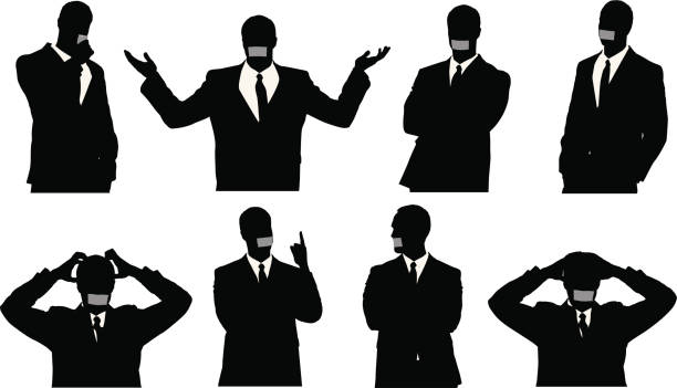 남자 사업가 입을 대한 접착 테이프 - men inside of suit silhouette stock illustrations