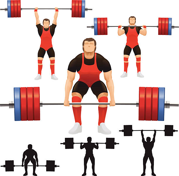 Vector of weight lifters with weights Stylised illustration of an athlete performing the clean and jerk.  Layered and grouped for ease of use. Download includes EPS8 vector file and hi-res jpeg. weightlifting stock illustrations