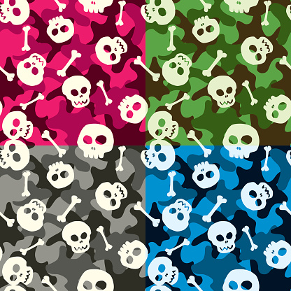 Camo & skulls seamless pattern, 4 color set. EPS 8 vector illustration with CMYK global colors.