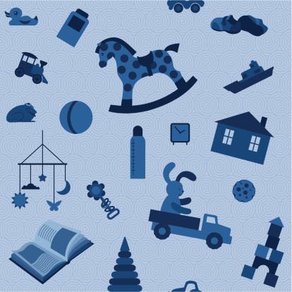 Vector blue seamless pattern with children's toys.