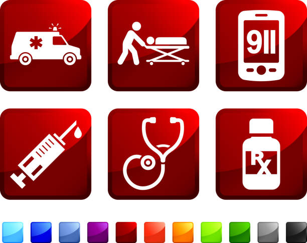 ilustraciones, imágenes clip art, dibujos animados e iconos de stock de los servicios de emergencia sin royalties de vector icon set pegatinas - cpr emergency services urgency emergency sign