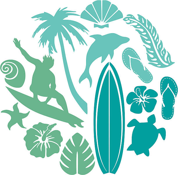 Surf and Beach Composition Composition with surf and beach elements in silhouettes. Layered and with global colours for easy editing. Surf culture. surf boards stock illustrations