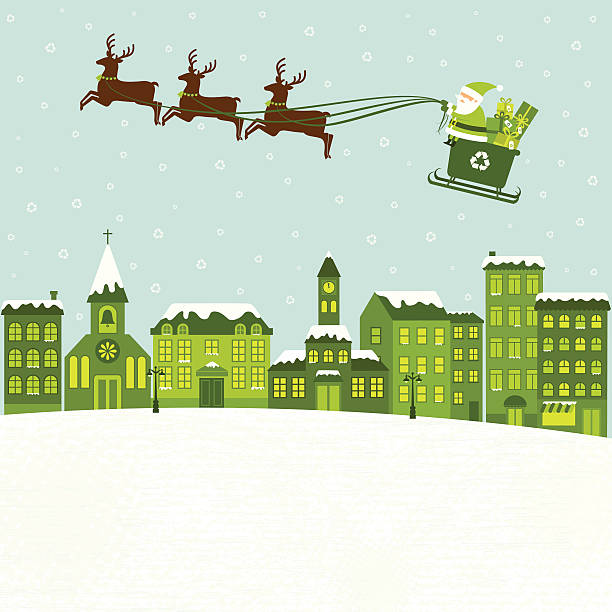 Bекторная иллюстрация Зеленый Санта Клаус играет на город