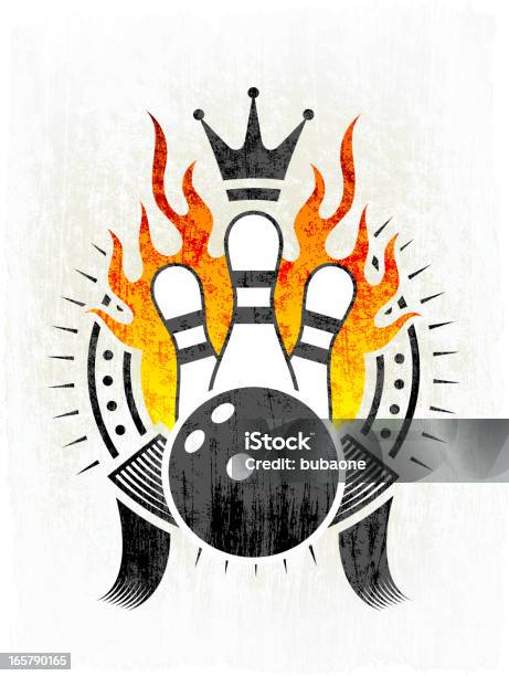 Bola De Boliche Pinos De Flaming E Emblemas Com Banners Do Grunge - Arte vetorial de stock e mais imagens de Boliche