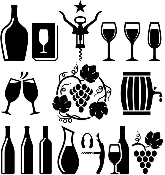 wein schwarz & weiß lizenzfreie vektor icon-set - wine champagne bottle mulled wine stock-grafiken, -clipart, -cartoons und -symbole