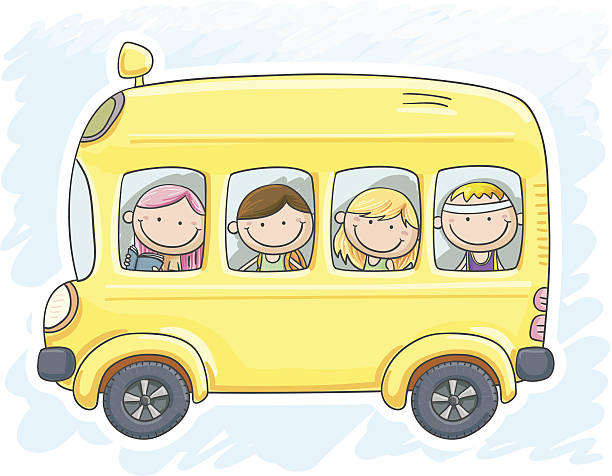 Kids are in the school bus Kids are in the school bus in colurful cartoon style funny-school-bus stock illustrations