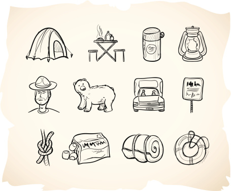 Icons in sketchy hand drawn style for camping.