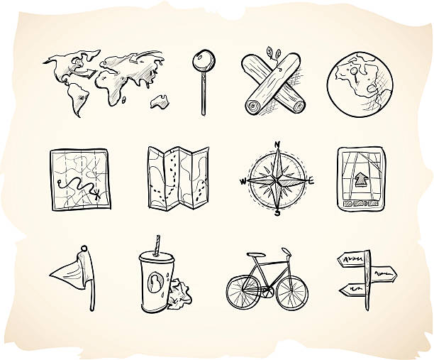 Sketch Map Icons Sketchy hand drawn icons for map. journey drawings stock illustrations