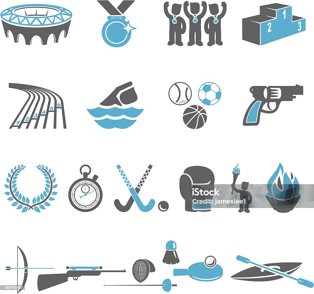 Blue and gray . sports icons Two tone sporting equipment icons. Blue and gray sports icons including badminton, tennis, running, athletics, football, boxing, fencing, archery, swimming, table tennis, shooting, basketball and medal and podium and a sports stadium icon. All icons are independently useable/editable. Icon Symbol stock vector