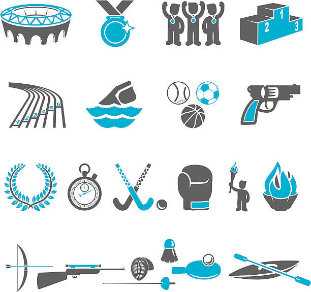 Blue and gray . sports icons Two tone sporting equipment icons. Blue and gray sports icons including badminton, tennis, running, athletics, football, boxing, fencing, archery, swimming, table tennis, shooting, basketball and medal and podium and a sports stadium icon. All icons are independently useable/editable. starting gun stock illustrations