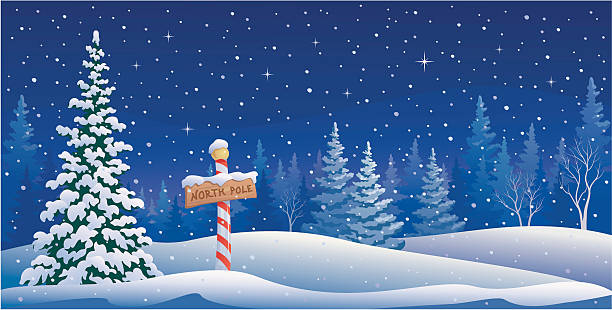 illustrazioni stock, clip art, cartoni animati e icone di tendenza di north pole paesaggio - christmas tree christmas blue night