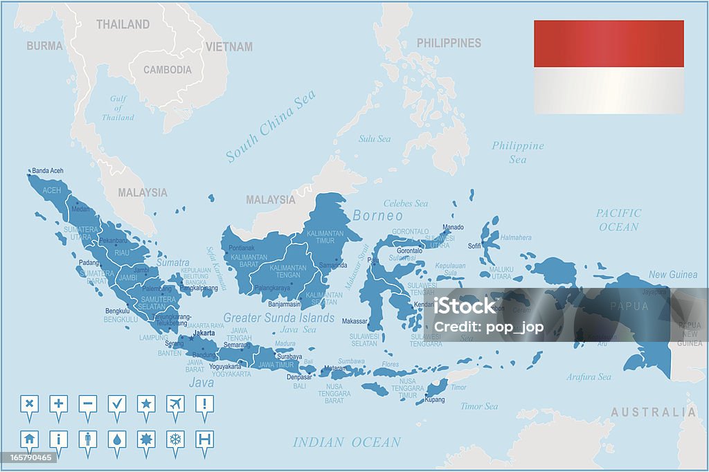 Indonesien Karte-Regionen, Städte und navigation Symbole - Lizenzfrei Karte - Navigationsinstrument Vektorgrafik
