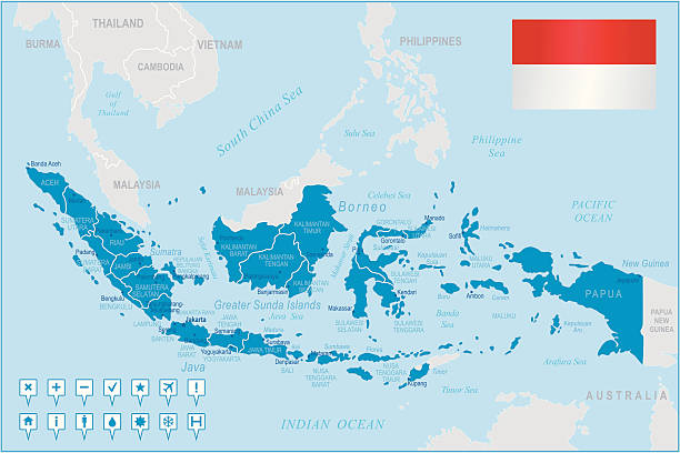 ilustraciones, imágenes clip art, dibujos animados e iconos de stock de indonesia mapa de las regiones, las ciudades y los iconos de navegación - indonesia