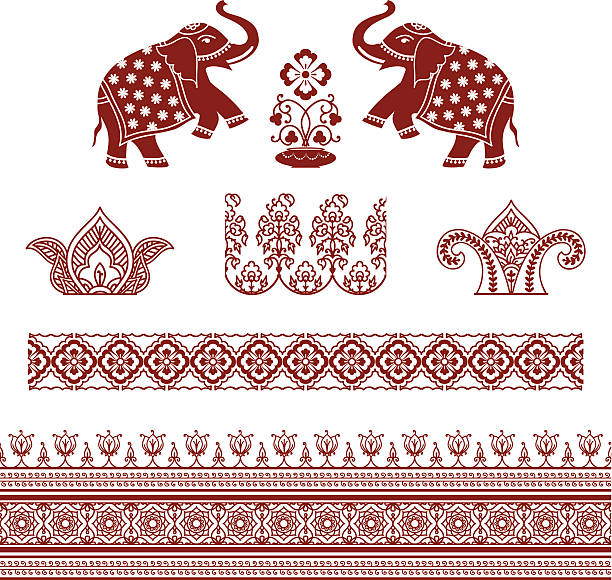 Mehndi Ornaments "A series of ornately detailed designs inspired by the art of mehndi (henna painting, including a pair of elephants and some seamless borders. (Includes .jpg)" elephant vector illustration stock illustrations