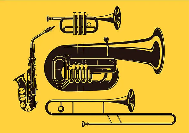 Vector illustration of Vector silhouette of brass instruments in yellow background
