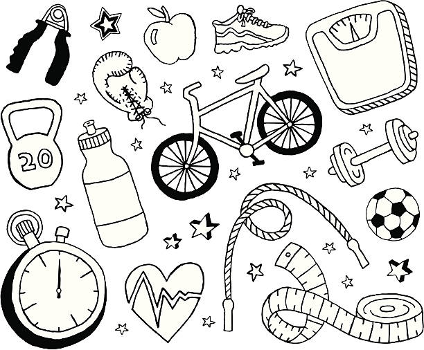 건강 및 피트니스 doodles - weights boxing glove stopwatch symbol stock illustrations