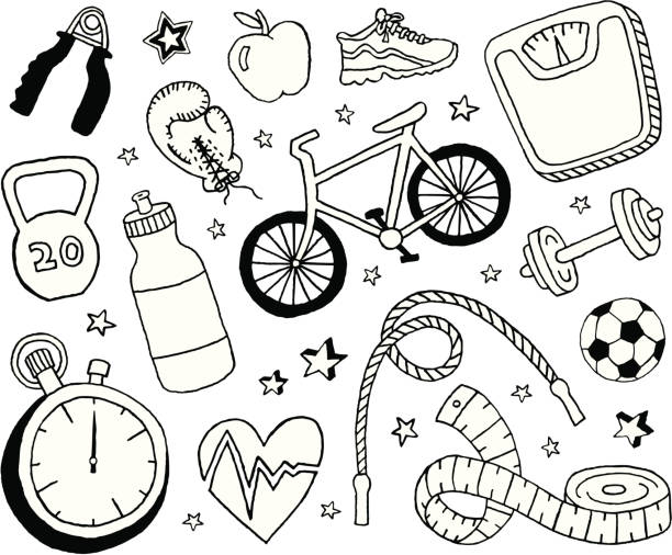 здоровье и фитнес-каракули - exercise equipment exercising dieting sport stock illustrations