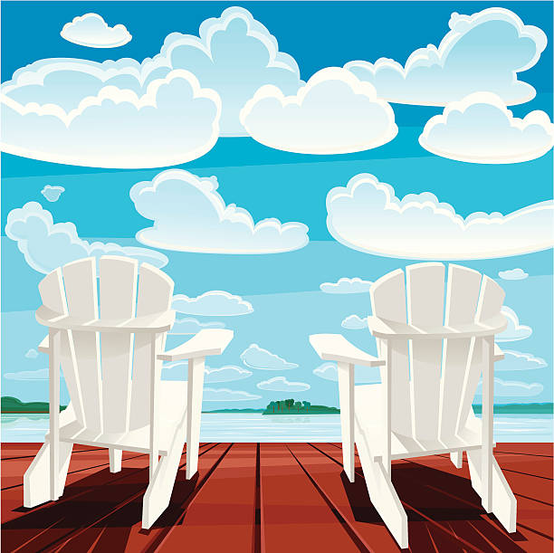 Summer Background (Muskoka Chairs) Two white Muskoka chairs on the deck. Summer time. Vector. EPS 8. cottage life stock illustrations