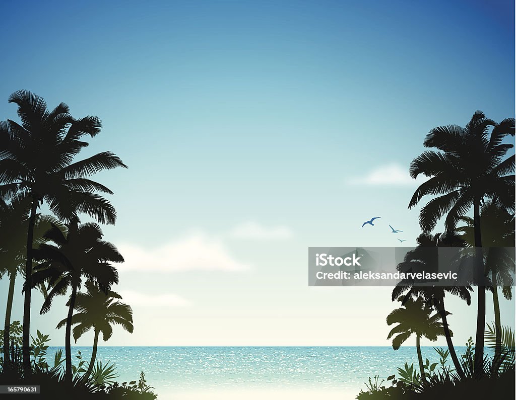 Spiaggia tropicale con palme - arte vettoriale royalty-free di Spiaggia