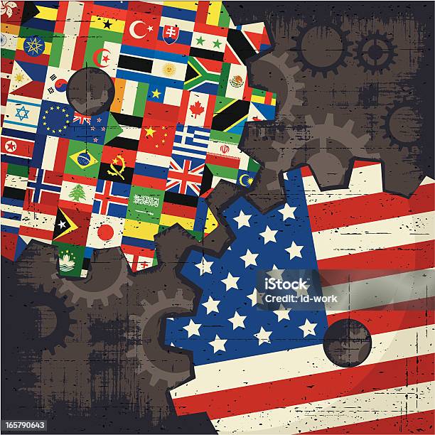 Stany Zjednoczone I Flagi Świata Cogs - Stockowe grafiki wektorowe i więcej obrazów Amerykańska flaga - Amerykańska flaga, Bez ludzi, Clip Art
