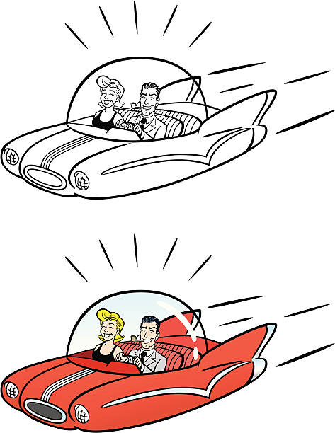 illustrazioni stock, clip art, cartoni animati e icone di tendenza di comic macchina volante - 1950s style couple old fashioned heterosexual couple