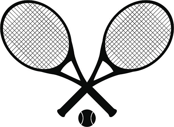 tennis rackets tennis rackets with tennis ball as black silhouette. tennis racket stock illustrations