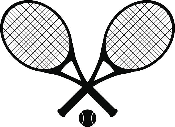 tennis rackets tennis rackets with tennis ball as black silhouette. tennis racquet stock illustrations