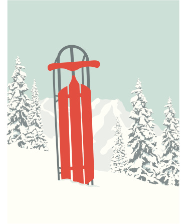 A sled sticks out of the snow with a view of a snow-covered mountain and trees in the background. Copy space for your message. All elements on separate layers.